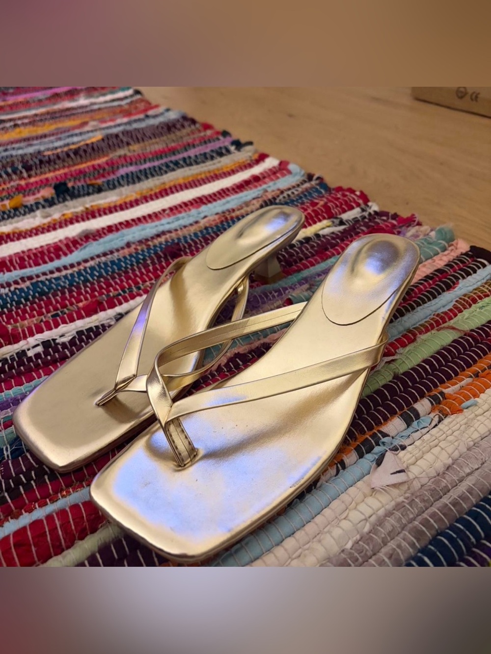 Metallic Gold Women's Square-Toe Kitten Heel Thong Sandals